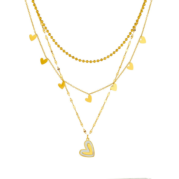 Necklace Stainless Steel Goldplated Multilayer Stacked White Shell Heart Shape Pendant