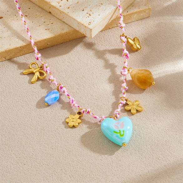 Necklace Stainless Steel Heart Shape Braided Rope Knotted Electroplating Fresh And Simple Women's