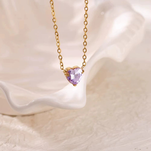 Necklace Stainless Steel Heart Shape Mixed Gemstone Setting Set With Diamonds Furnace Electroplated For Women