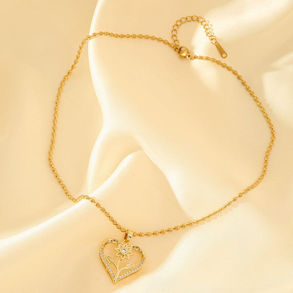 Necklace Stainless Steel Heartshaped Mixed Gemstone Inlay Electroplating For Women