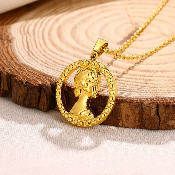 Necklace Stainless Steel Hip Hop Style Round Queen's Head Portrait Ochain Electroplated Women's