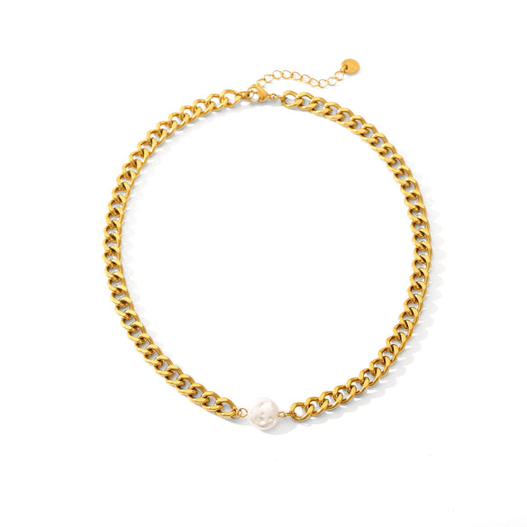 Necklace Stainless Steel Imitation Pearl Geometric Cuban Chain Baroque Style Vacuum Plated Electroplated For Women