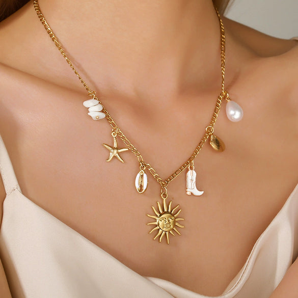 Necklace Stainless Steel Imitation Pearl Handmade Geometric Shell Pendant O Word Chain
