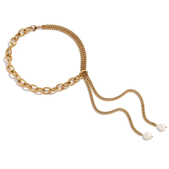Necklace Stainless Steel 18K Gold Double Layer Cuban Chain O Shaped Freshwater Pearl Geometric Electroplated