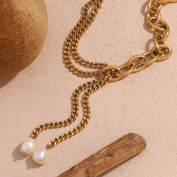 Necklace Stainless Steel 18K Gold Double Layer Cuban Chain O Shaped Freshwater Pearl Geometric Electroplated