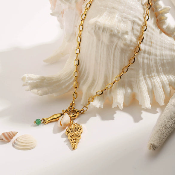 Necklace Stainless Steel 18K Gold Titanium Steel Teeth Conch Hammer Pattern Fish Pendant Electroplating