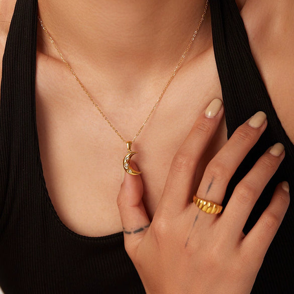 Necklace Stainless Steel 18K Goldplated Geometric Moon Pendant For Women