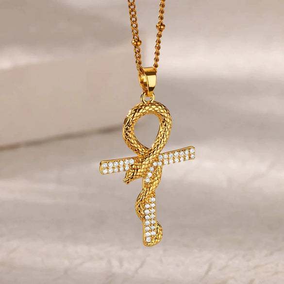 Necklace Stainless Steel Microinlaid Zircon Snake Cross Pendant Electroplating Fashion