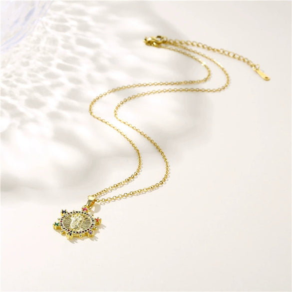 Necklace Stainless Steel Mixed Gem Inlay Geometric Electroplating Pendant Chain Women's Fashion Religious Accessories