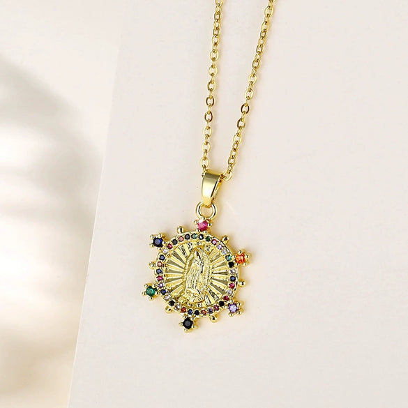 Necklace Stainless Steel Mixed Gem Inlay Geometric Electroplating Pendant Chain Women's Fashion Religious Accessories