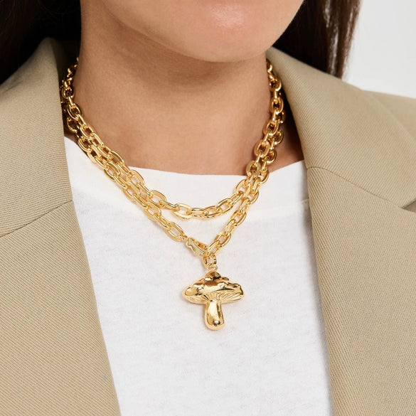 Necklace Stainless Steel Mushroom Pendant Handwoven Rope 18K Gold Plated Star Pattern Minimalist Style