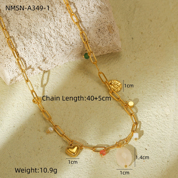 Necklace Stainless Steel Natural Stone Beaded Pearl Heart Shape Electroplating Women's Light Luxury Trendy