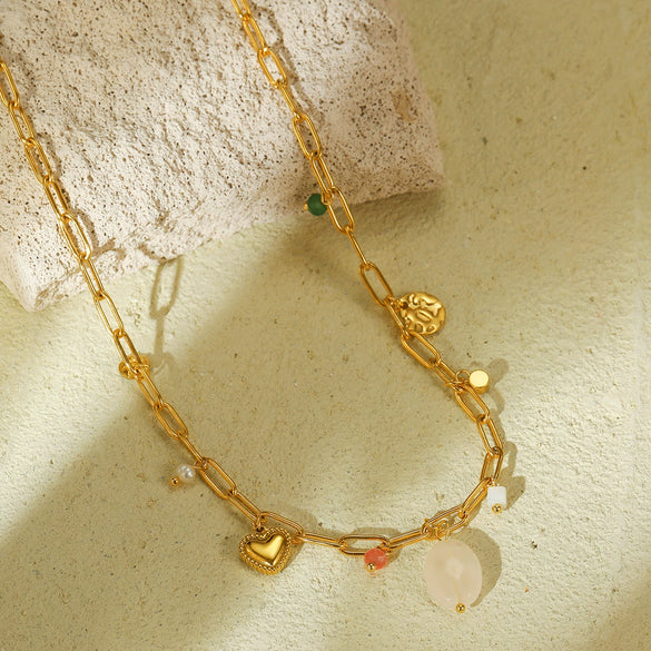 Necklace Stainless Steel Natural Stone Beaded Pearl Heart Shape Electroplating Women's Light Luxury Trendy