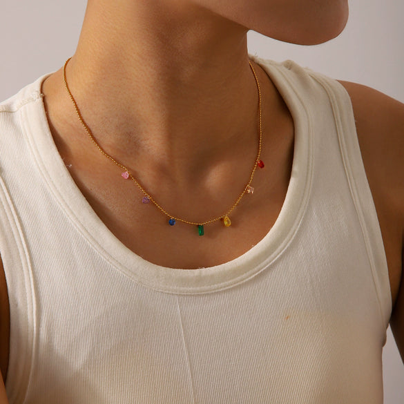 Necklace Stainless Steel Organic Glass Geometric Style Electroplating Colorful Zircon Tassel Chain