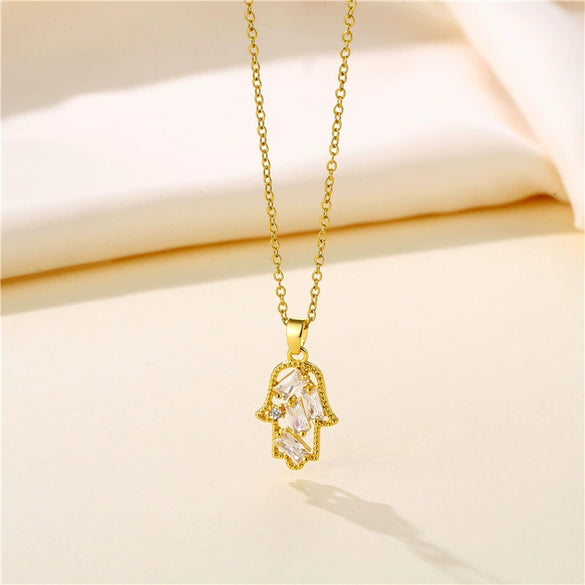 Necklace Stainless Steel Palm Pattern Mixed Gem Inlay Electroplating Hip Hop Jewelry Women