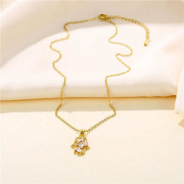 Necklace Stainless Steel Palm Pattern Mixed Gem Inlay Electroplating Hip Hop Jewelry Women