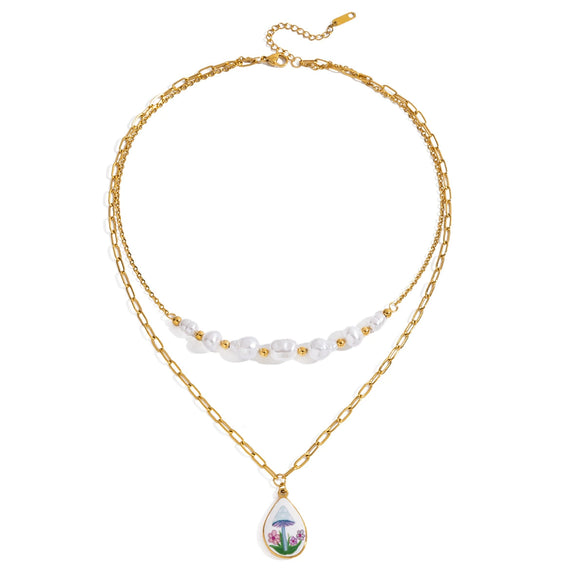 Necklace Stainless Steel Pearl Doublelayer Geometric Minimalist Titanium Steel Pendant Electroplated Jewelry