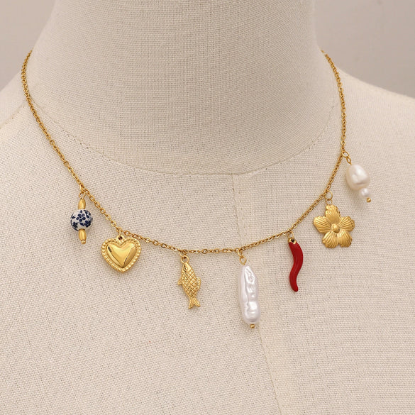 Necklace Stainless Steel Pearl Multipendant Geometric Electroplating Jewelry For Women