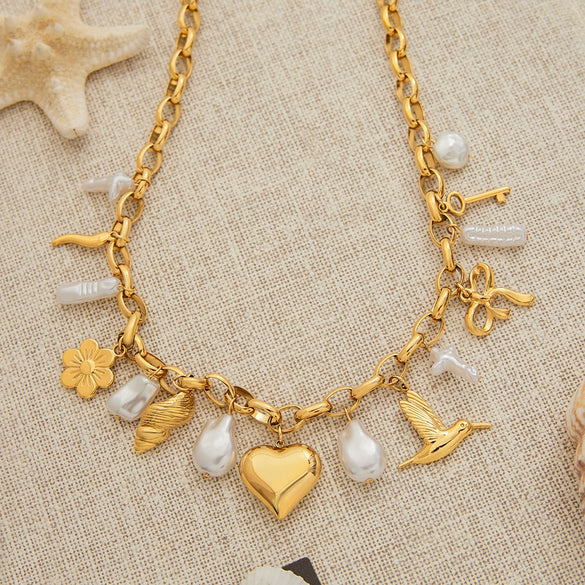 Necklace Stainless Steel Pearl Pepper Flower Conch Love Bird Bow Pendant Jewelry Electroplating Design
