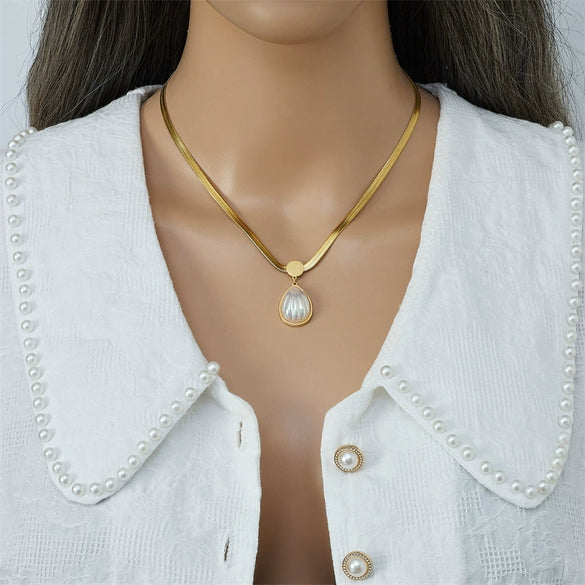 Necklace Stainless Steel Pearl Water Drops Peach Heart Geometric Style For Women