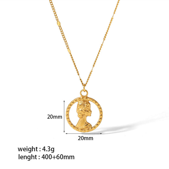 Necklace Stainless Steel Retro Portrait Three Dimensional Relief Coin Style With Heart And Flower Patterns Electroplated