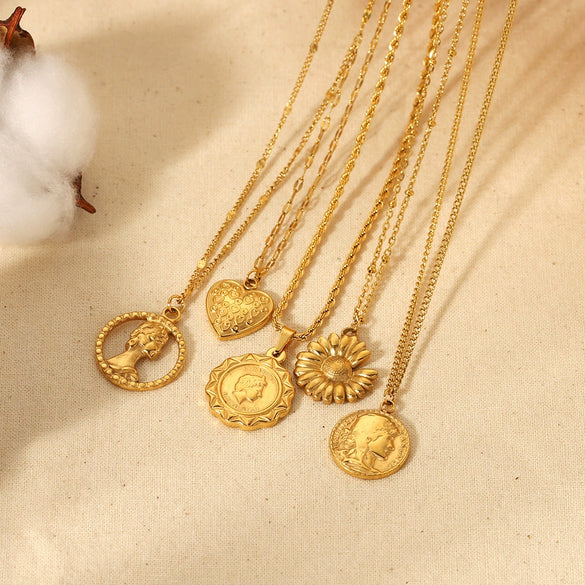 Necklace Stainless Steel Retro Portrait Three Dimensional Relief Coin Style With Heart And Flower Patterns Electroplated