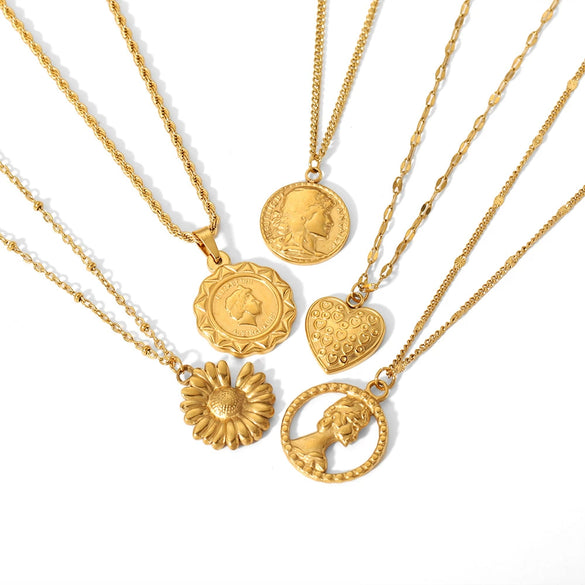 Necklace Stainless Steel Retro Portrait Three Dimensional Relief Coin Style With Heart And Flower Patterns Electroplated