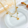 Necklace Stainless Steel Round Pendant Doublelayer Chain Fashion Retro Simple With Turquoise Life Tree And Diamond Embedded Electroplating