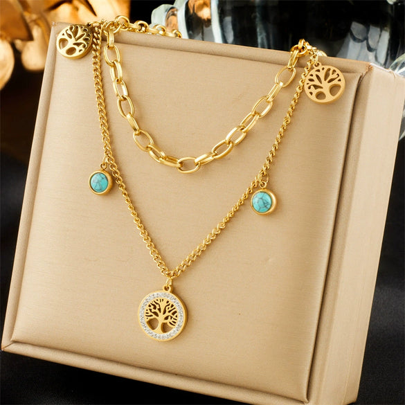 Necklace Stainless Steel Round Pendant Doublelayer Chain Fashion Retro Simple With Turquoise Life Tree And Diamond Embedded Electroplating