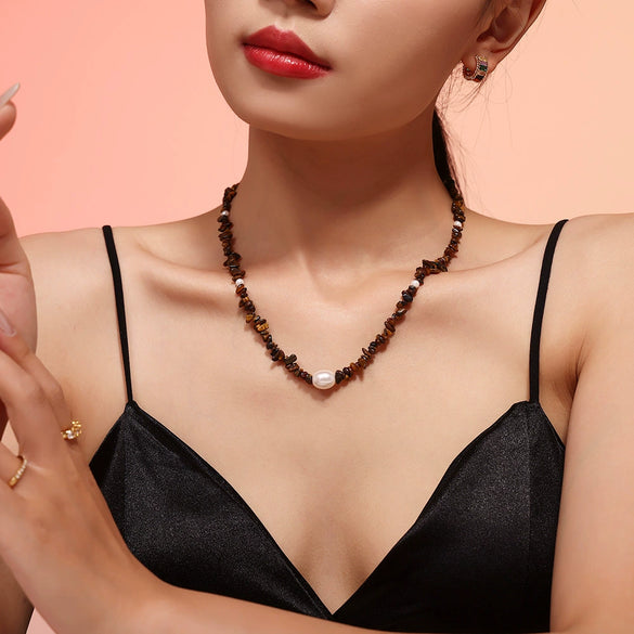 Necklace Stainless Steel Shell Bead Tiger Eye Geometric Light Luxury Electroplating Women's