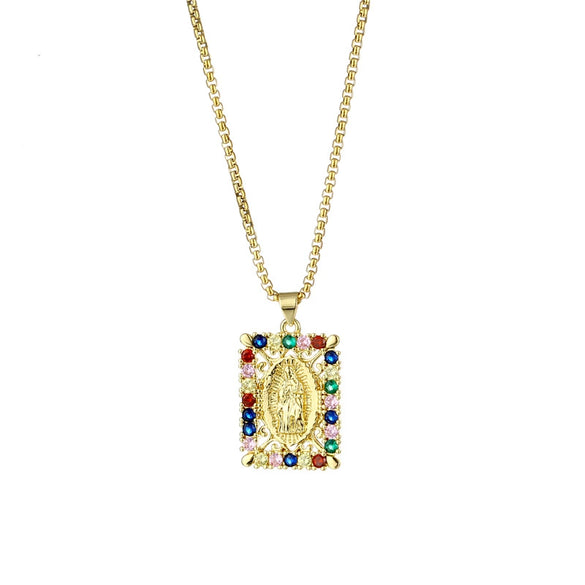 Necklace Stainless Steel Square Mixed Gem Inlay Electroplating Pendant For Women