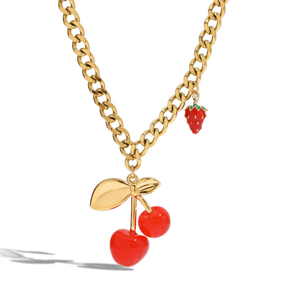Necklace Stainless Steel Titanium Steel Cherry Strawberry Acrylic Light Luxury Niche Electroplating Women