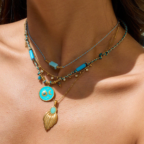 Necklace Stainless Steel Titanium Steel Freshwater Pearl Natural Stone Oil Dripping Turquoise Geometric Fivepointed Pendant Electroplating Quiet Design Ins Style Minimalist Women's