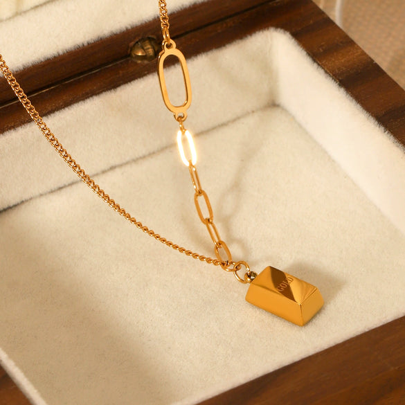 Necklace Stainless Steel Titanium Steel Geometric Gold Brick Pendant Electroplating O Word Chain For Women