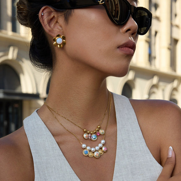 Necklace Stainless Steel Titanium Steel Geometric Heart Pearl Print Rhinestone Electroplating