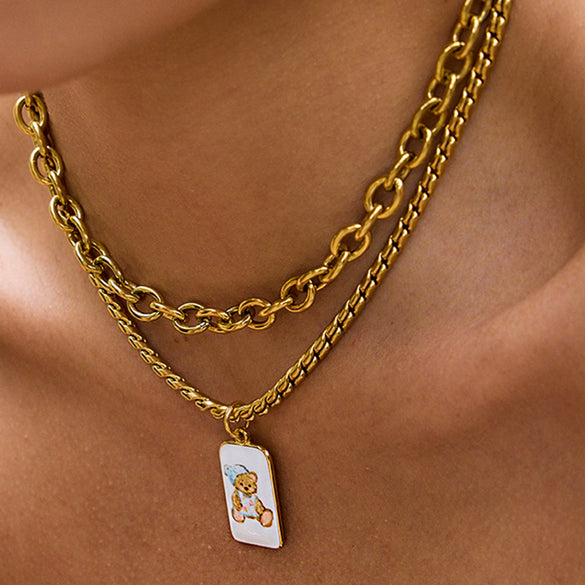 Necklace Stainless Steel Titanium Steel Geometric Oil Drop Printing Bear Pendant Electroplating