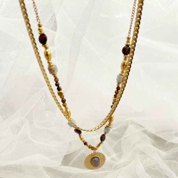 Necklace Stainless Steel Titanium Steel Geometric Pattern Handmade Electroplating Round Beads Rice Beads Doublelayer Chain Natural Stone Pendant Women's