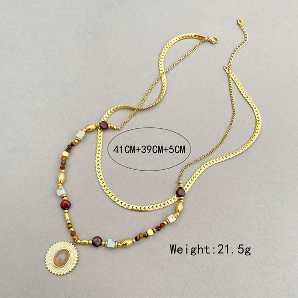 Necklace Stainless Steel Titanium Steel Geometric Pattern Handmade Electroplating Round Beads Rice Beads Doublelayer Chain Natural Stone Pendant Women's