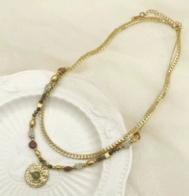 Necklace Stainless Steel Titanium Steel Geometric Pattern Handmade Electroplating Round Beads Rice Beads Doublelayer Chain Natural Stone Pendant Women's