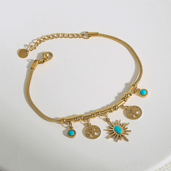 Necklace Stainless Steel Titanium Steel Hiphop Style Irregular Small Sun Turquoise Pendant With Flower And Leaf Patterns Electroplated Snake Bone Chain For Women