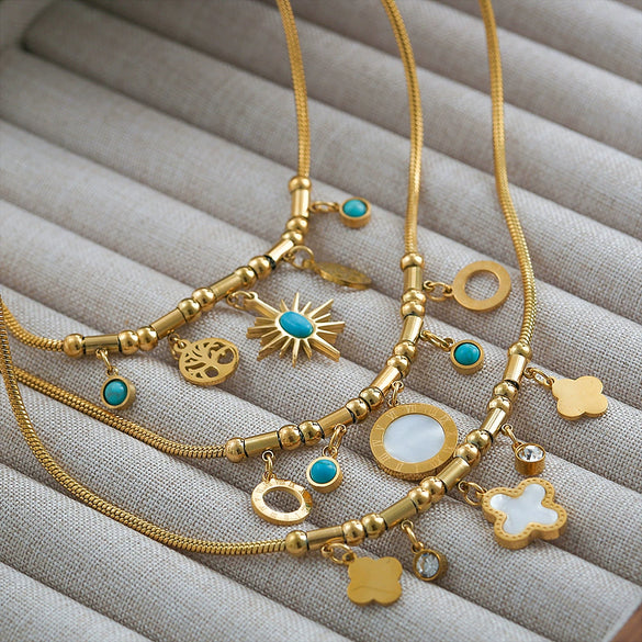 Necklace Stainless Steel Titanium Steel Hiphop Style Irregular Small Sun Turquoise Pendant With Flower And Leaf Patterns Electroplated Snake Bone Chain For Women