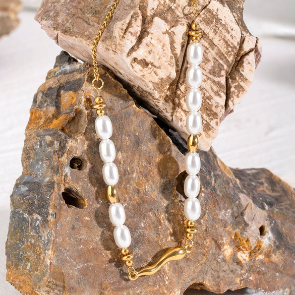 Necklace Stainless Steel Titanium Steel Oval Pearl Waveshaped Electroplated French Retro Style