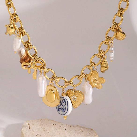 Necklace Stainless Steel Titanium Steel Pearl Turtle Ceramic Geometric Electroplated Original Design Women's