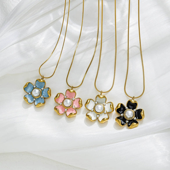 Necklace Stainless Steel Titanium Steel Retro Flower Enamel Colorful Oil Drop Electroplating Pendant For Women