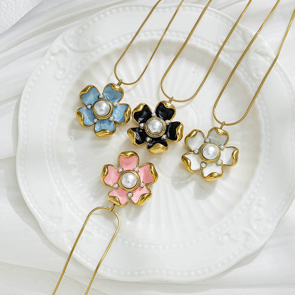 Necklace Stainless Steel Titanium Steel Retro Flower Enamel Colorful Oil Drop Electroplating Pendant For Women