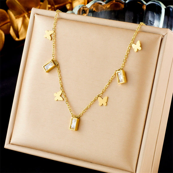 Necklace Stainless Steel Titanium Steel Square Butterfly Pendant Chain Electroplating Fashion Retro Allmatch Women's Accessories