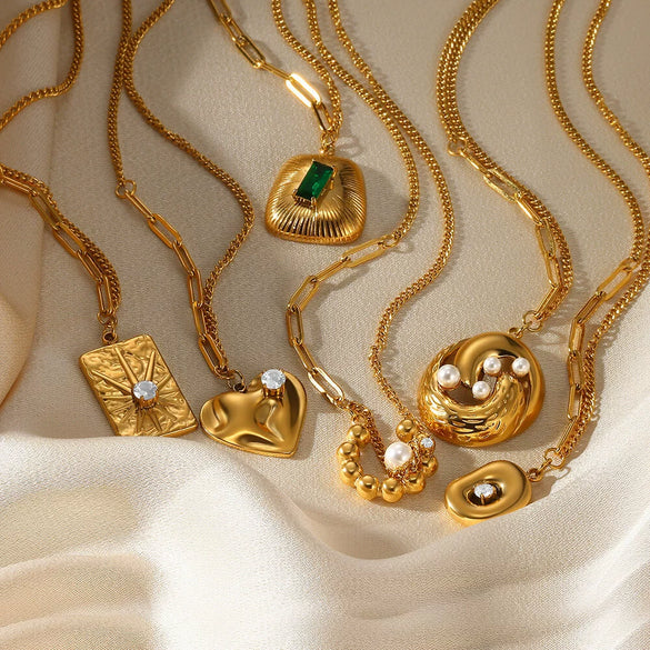 Necklace Stainless Steel Zircon Pearl Antique Love Pendant Geometric Electroplated