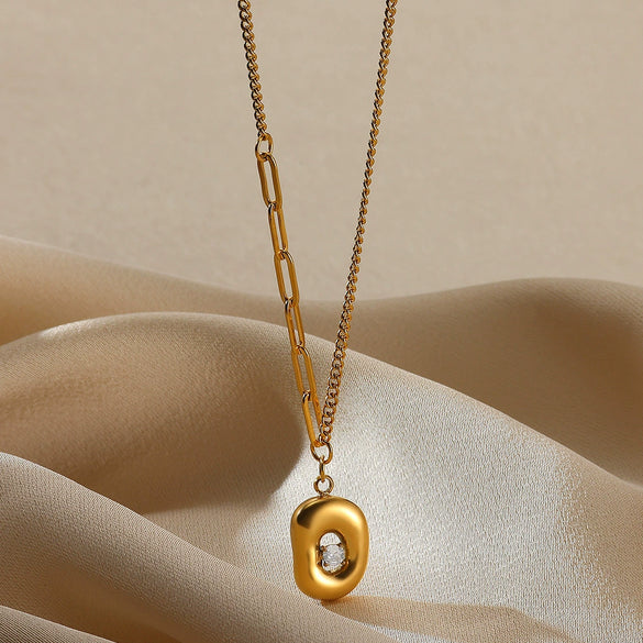 Necklace Stainless Steel Zircon Pearl Antique Love Pendant Geometric Electroplated