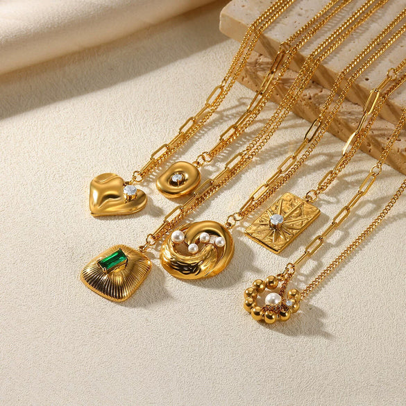 Necklace Stainless Steel Zircon Pearl Antique Love Pendant Geometric Electroplated