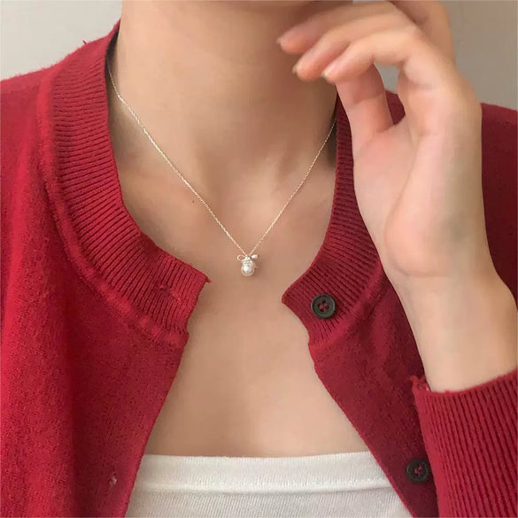 Necklace 925 Sterling Silver Bow Pearl Geometric Electroplating
